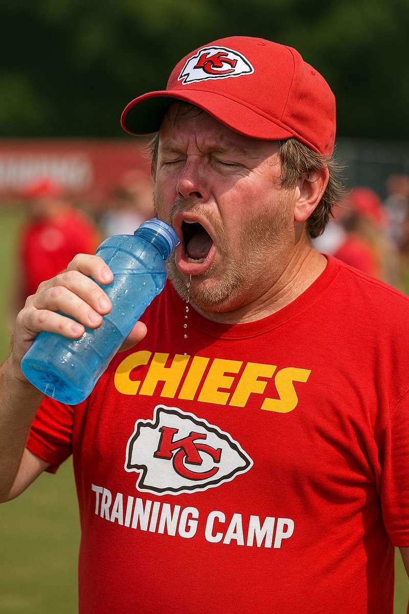 Meet Todd. Todd wore jeans to Chiefs Training Camp thinking it was "just a little warm out" ... now Todd is one sip away from becoming beef jerky. If you're headed to camp this week, please DRINK WATER!🚰 #HydrationStation #ChiefsTrainingCamp #DrinkWater