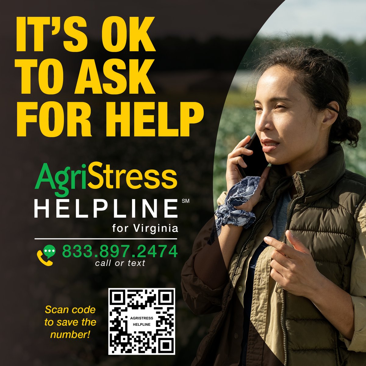 VaAgriculture's tweet image. Need support? You&apos;re not alone! Call or text the AgriStress Helpline at (833) 897-2474 for free, confidential help from mental health pros who understand farming life. 📞 24/7. 

#ItsOKToAskForHelp #MentalHealthInAg #YouAreNotAlone