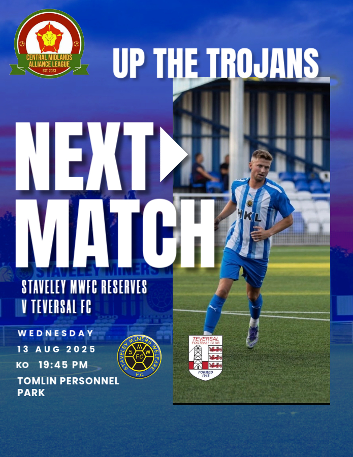 SMWFCReserves's tweet photo. UP NEXT 🔜 @TeversalFC 

We look to make it 2 wins from 2 games as we take on Teversal in what is our first away game of the season!

📍Tomlin Personnel Park, Carnarvon Street, NG17 3HJ
🍺Bar, Tea bar open
⚽19:45pm KO

#UpTheTrojans💙🤍 https://t.co/LbGAkxdpmW