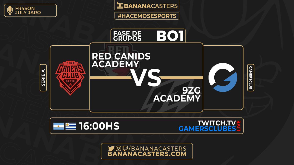 Banana Casters (@bananacasters) on Twitter photo #SerieA 🔴 | <a href="/GamersClubCSes/">Gamers Club Counter-Strike ES</a>
Nuevo mes, nuevas ilusiones y nuevas gráficas.
🇦🇷🇧🇷 <a href="/9zTeam/">9z Globant</a> Academy volvió y se enfrenta a <a href="/REDCanids/">RED Canids Kalunga</a> Academy 🇧🇷
⏰ 16:00HS
📺 twitch.tv/gamersclubes
🎙️ <a href="/Fr4son/">Franco Simone 𓆰𓆪</a> & <a href="/JulianJaro/">Julián Jaro ⭐️⭐️⭐️</a>
🖥️ <a href="/ElDoctorMuller/">Fabricio Müller</a>
#Hacemosesports #SerieA 🔴 | <a href="/GamersClubCSes/">Gamers Club Counter-Strike ES</a>
Nuevo mes, nuevas ilusiones y nuevas gráficas.
🇦🇷🇧🇷 <a href="/9zTeam/">9z Globant</a> Academy volvió y se enfrenta a <a href="/REDCanids/">RED Canids Kalunga</a> Academy 🇧🇷
⏰ 16:00HS
📺 twitch.tv/gamersclubes
🎙️ <a href="/Fr4son/">Franco Simone 𓆰𓆪</a> & <a href="/JulianJaro/">Julián Jaro ⭐️⭐️⭐️</a>
🖥️ <a href="/ElDoctorMuller/">Fabricio Müller</a>
#Hacemosesports