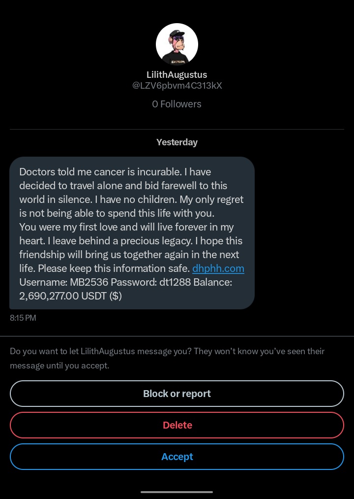 cryptojudgment's tweet image. Nice storytelling.
If his copy had cleared 2 of my objections;

1. How am I your first love?
2. Who on earth gives $2.6m to a stranger?

Maybe he would have gotten a reply.

Be careful out there, something like this is what we call phishing. Once you click the link you&apos;re ❌⚰️