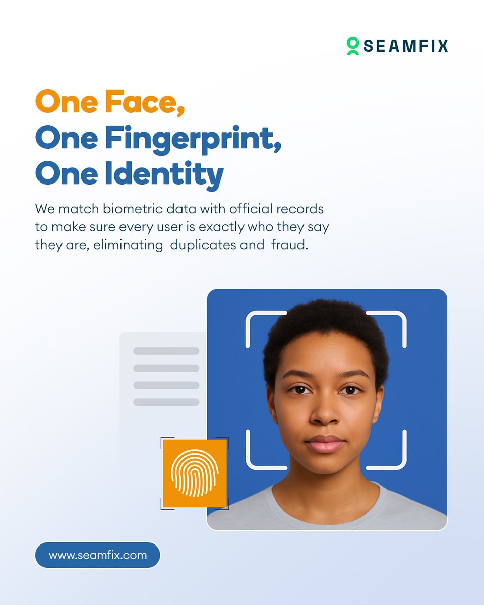 Verify users with precision. Seamfix solutions help to match biometric data to official records, removing duplicates and preventing fraud for your business.

Protect your business today. Click the link to learn more: seamfix.com