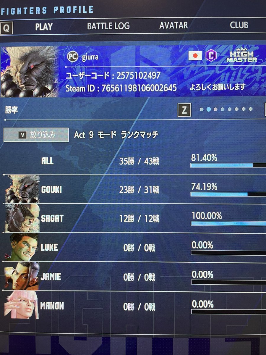 スト6で初めてガチンコのランクマやってみた。
マスター→ハイマスまでは31戦。
普段しないようなミスしまくってランクマプレッシャーを体感した。
でもこれ楽しいね！ひとまずグラマス目指して頑張ります。
最終的にはアルマスいけたらうれしいな。
#スト6
#ストリートファイター6