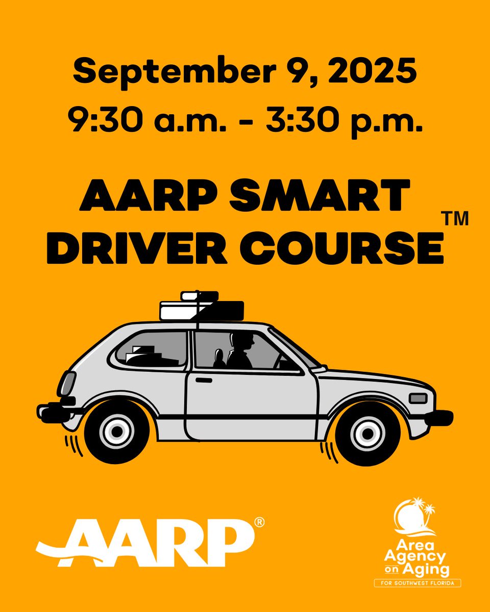 🚗 Take the AARP Smart Driver™ Course in Fort Myers and potentially qualify for a multi-year auto insurance discount! 
📅 September 9 | ⏰ 9:30AM–3:30PM at AAASWFL
📞 Call (239) 599-2341 or visit: l8r.it/fCBz
AARP members save 20%! #AARPSmartDriver #SafeDriving