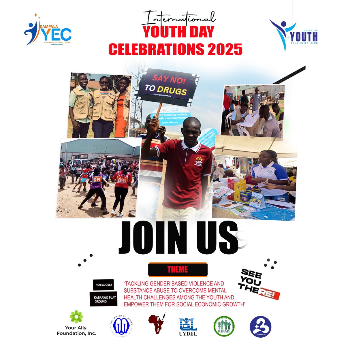 Join us for #InternationalYouthDay2025 on 16th August at Kabaawo playgrounds under the theme, "Tackling GBV &amp; Drug abuse to overcome mental health challenges among youth for Socio-Economic empowerment
We shall have games and sports, medical camp, exhibitions and entertainment.