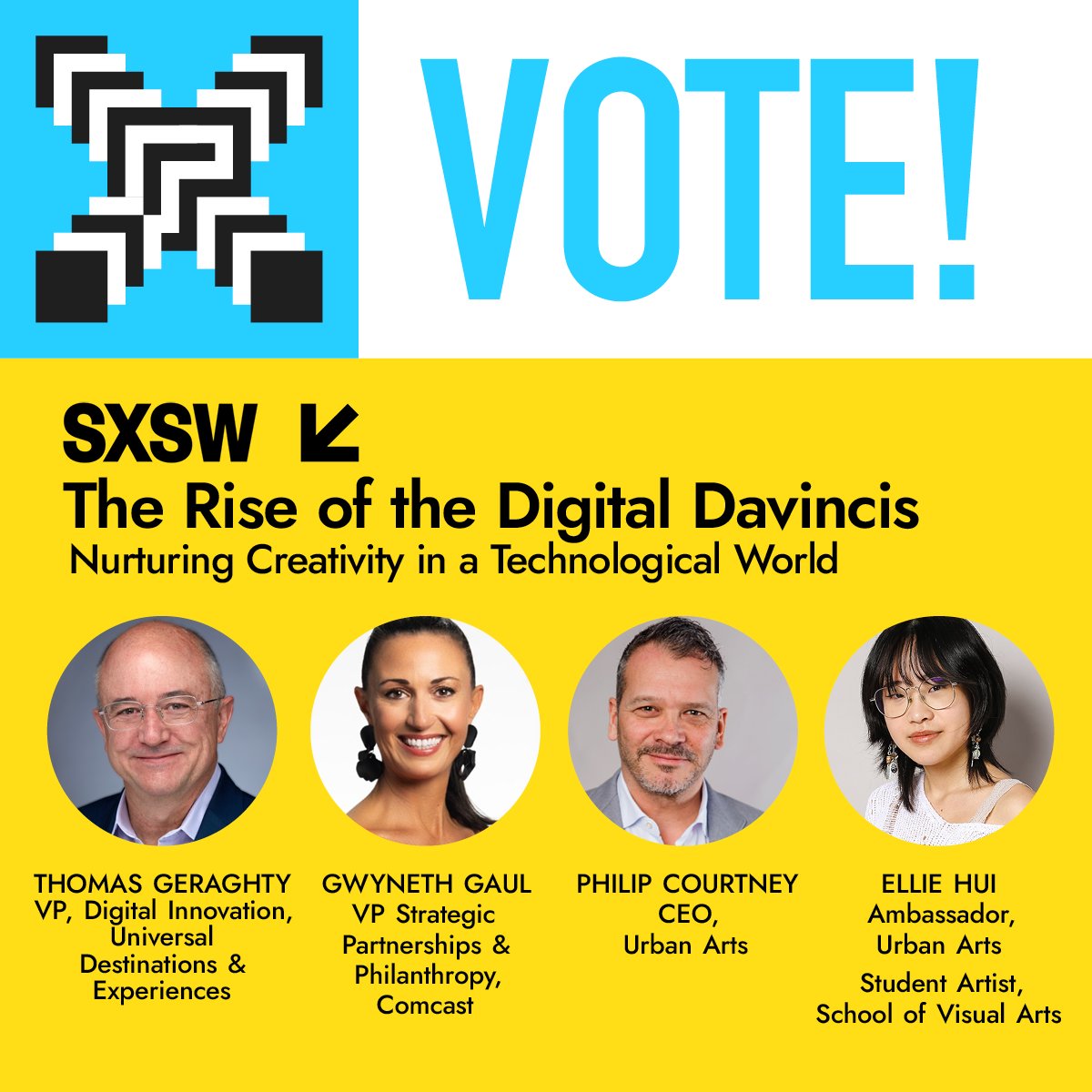 Unlock genius hiding in plain sight! The Rise of the Digital DaVincis panel brings together tech, talent &amp; trailblazers from Urban Arts to #ComcastNBC to #Universal to the #SchoolofVisualArts. Discover how play becomes power, and creativity becomes career. 🎨💻 Vote now to