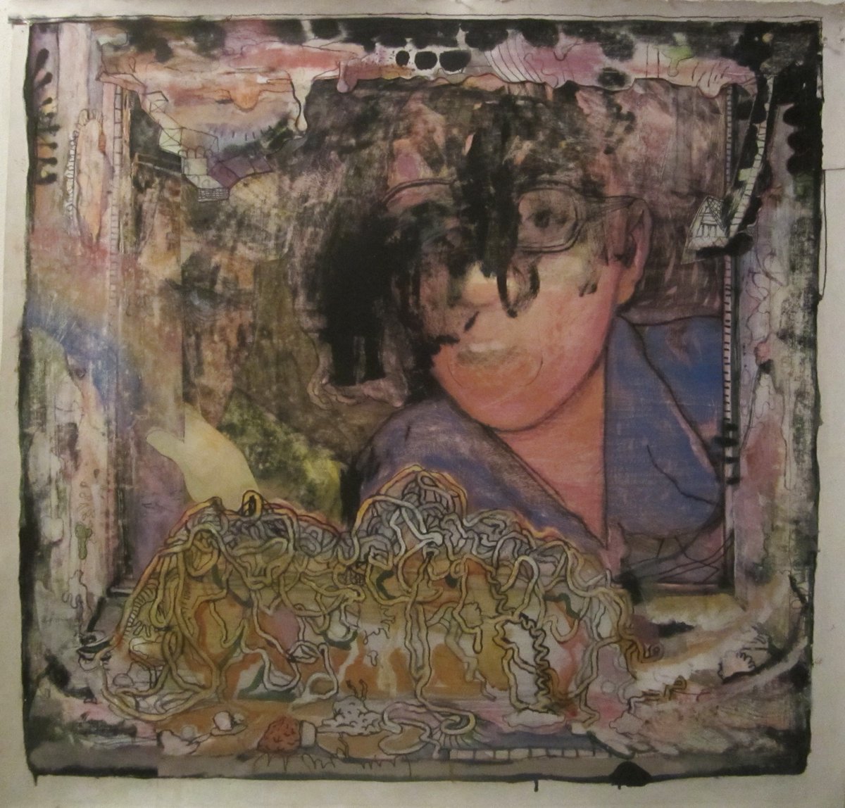 good morning    an accidental life    acrylic mixed media on glued papers, 42"sq.