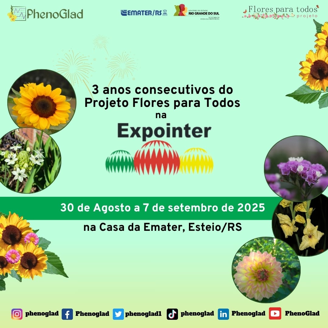 phenoglad1's tweet image. 🔝🏵️🌻 Terminada a HORTISHOW 2025, é hora da próxima feira do Agronegócio. Pelo terceiro ano consecutivo, o Projeto Flores para Todos estará na Expointer, uma das maiores feiras mundiais da Agropecuária.🚀🚀

#floresparatodos #phenoglad #expointer2025 #EmaterRS #floresdecorte