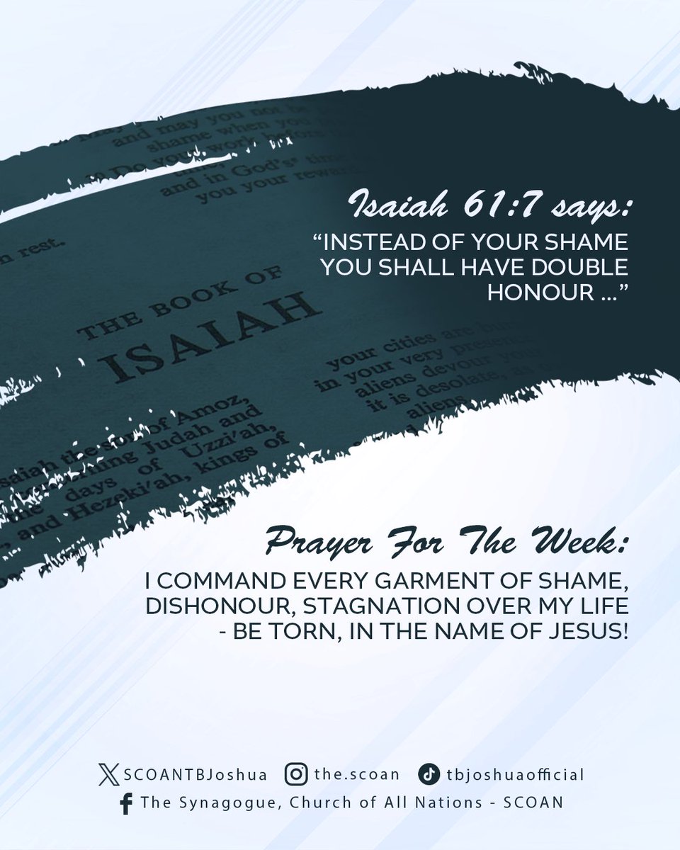 Prayer For The Week:

"I command every garment of shame, dishonour, stagnation over my life - be torn, in the name of Jesus!"