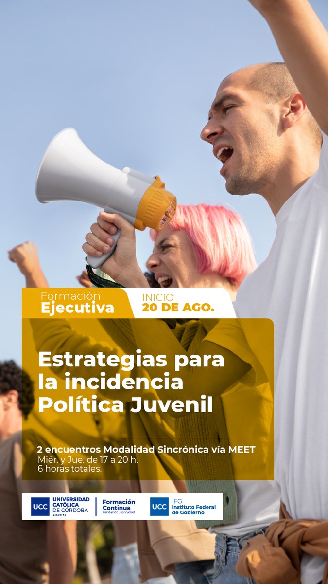📣Próximo curso: "𝗘𝘀𝘁𝗿𝗮𝘁𝗲𝗴𝗶𝗮𝘀 𝗽𝗮𝗿𝗮 𝗹𝗮 𝗶𝗻𝗰𝗶𝗱𝗲𝗻𝗰𝗶𝗮 𝗽𝗼𝗹í𝘁𝗶𝗰𝗮 𝗷𝘂𝘃𝗲𝗻𝗶𝗹" con el profesor <a href="/nico_bertone/">Nicolás Bertone</a> 
📅 2 clases: 20 y 21 de agosto de 17 a 20 h
💻 Inscripción: fjs.ucc.edu.ar/estrategias-pa…
<a href="/UCCoficial/">Universidad Católica de Córdoba</a>
<a href="/PoliticaRRIIUCC/">Ciencia Política y Relaciones Internacionales UCC</a>