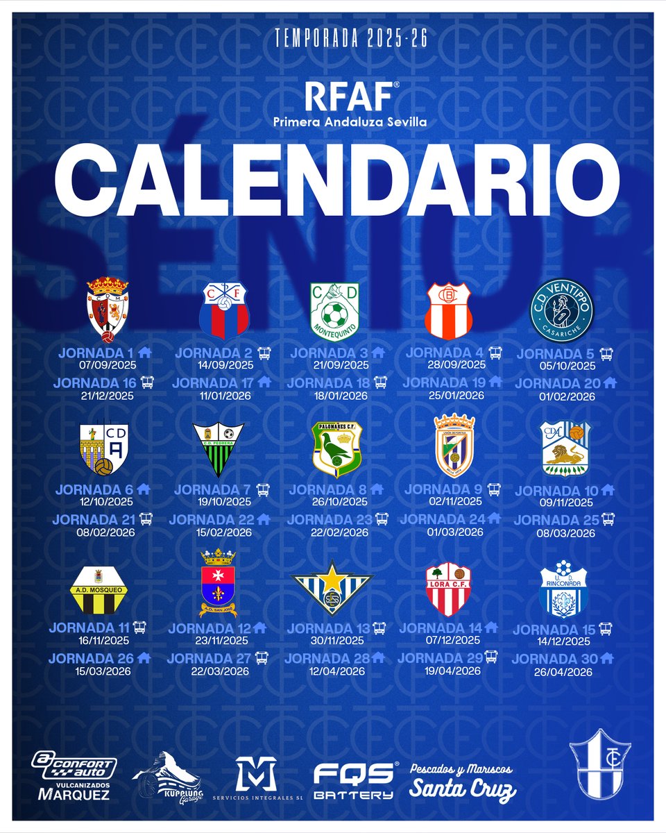 🗓️𝐂𝐚𝐥𝐞𝐧𝐝𝐚𝐫𝐢𝐨 𝐎𝐟𝐢𝐜𝐢𝐚𝐥 

Estas son las fechas de los partidos para esta 𝐭𝐞𝐦𝐩𝐨𝐫𝐚𝐝𝐚 𝟐𝟓/𝟐𝟔 de la 𝐏𝐫𝐢𝐦𝐞𝐫𝐚 𝐀𝐧𝐝𝐚𝐥𝐮𝐳𝐚 𝐒𝐞𝐯𝐢𝐥𝐥𝐚 𝐒é𝐧𝐢𝐨𝐫

#TorreblancaCF #OrgullososDeLlevarTuNombre #Temporada2526 #Rfaf #PrimeraAndaluza #Senior