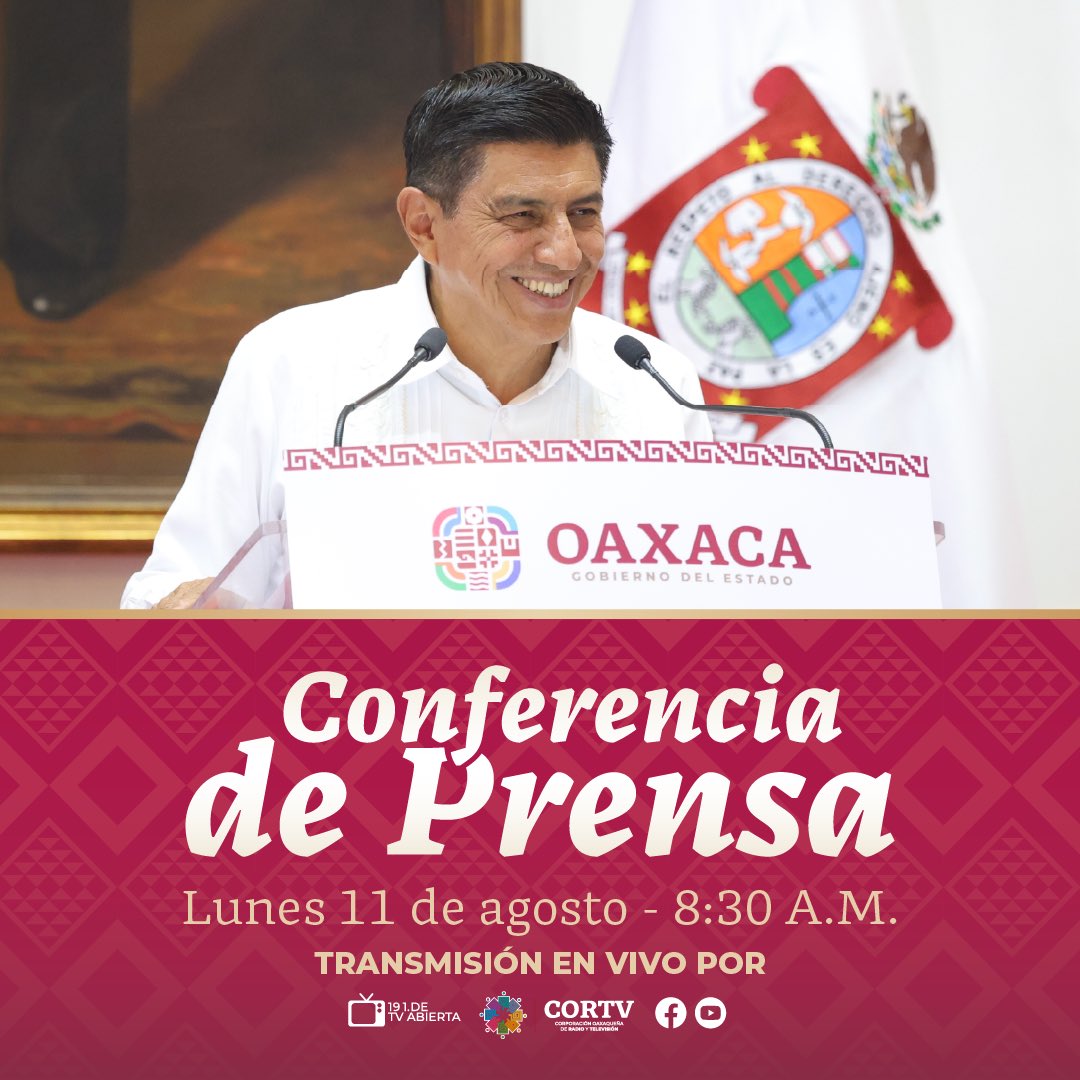 GobOax's tweet photo. No te pierdas la Conferencia de Prensa Semanal que encabeza el Gobernador @salomonj y conoce las acciones de bienestar que la #PrimaveraOaxaqueña impulsa en el estado.

👉 Sigue la transmisión a través de nuestras redes sociales oficiales y de la @cortv. https://t.co/Lqh1CnRuUY