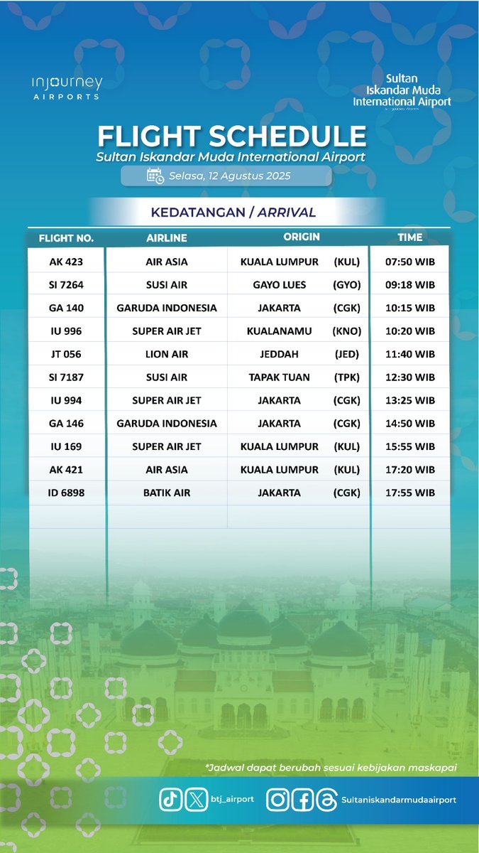 btj_airport's tweet photo. Selamat malam Sahabat BTJ!!
Berikut jadwal penerbangan bandara internasional @btj_airport untuk besok Selasa, 12 Agustus 2025. https://t.co/hWYGeGLFxA