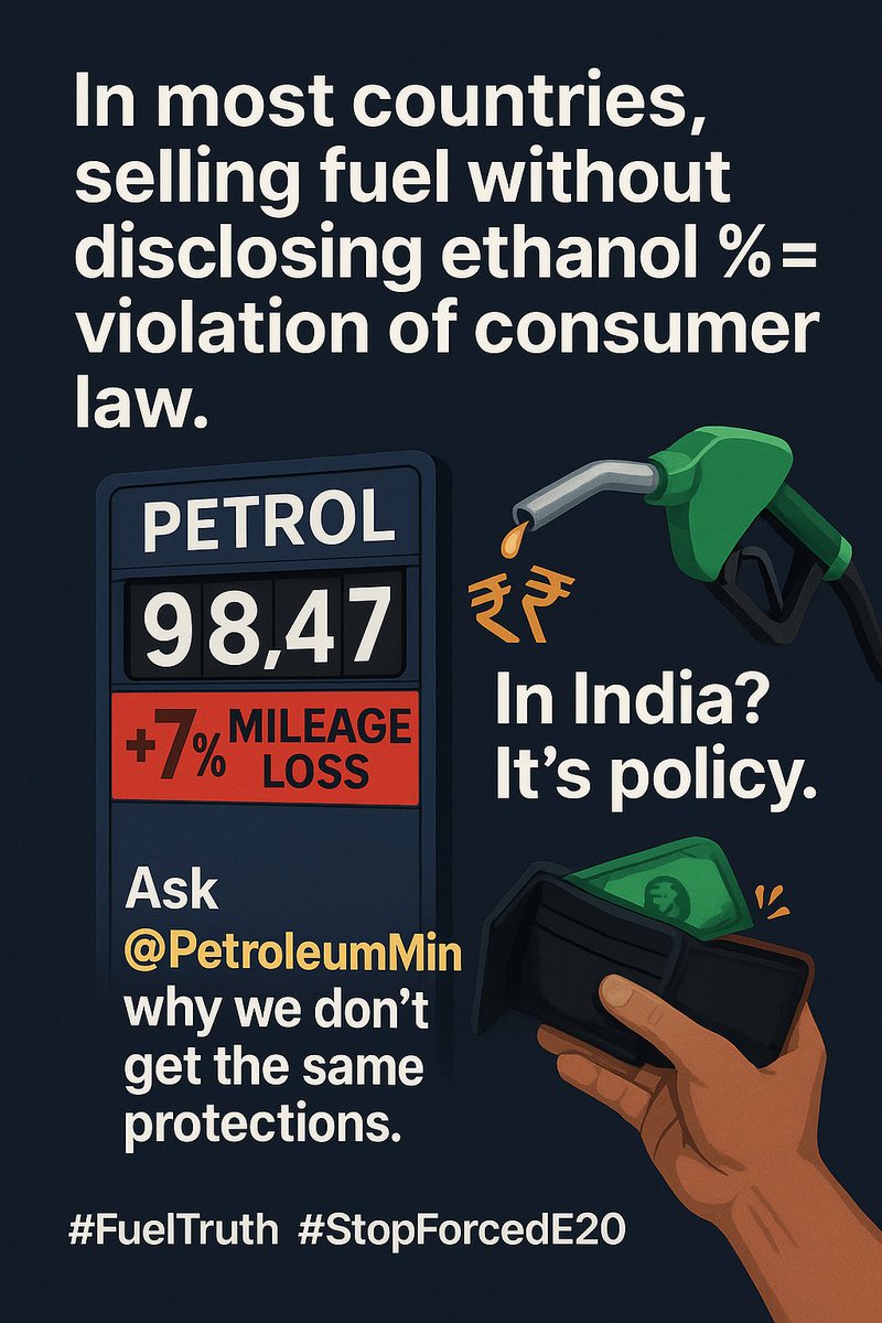 Akshay (@akshay) on Twitter photo In most countries, selling fuel without disclosing ethanol % = violation of consumer law.
In India? It’s policy.
📢 Ask <a href="/PetroleumMin/">Ministry of Petroleum and Natural Gas #MoPNG</a> why we don’t get the same protections.
#FuelTruth #StopForcedE20 In most countries, selling fuel without disclosing ethanol % = violation of consumer law.
In India? It’s policy.
📢 Ask <a href="/PetroleumMin/">Ministry of Petroleum and Natural Gas #MoPNG</a> why we don’t get the same protections.
#FuelTruth #StopForcedE20