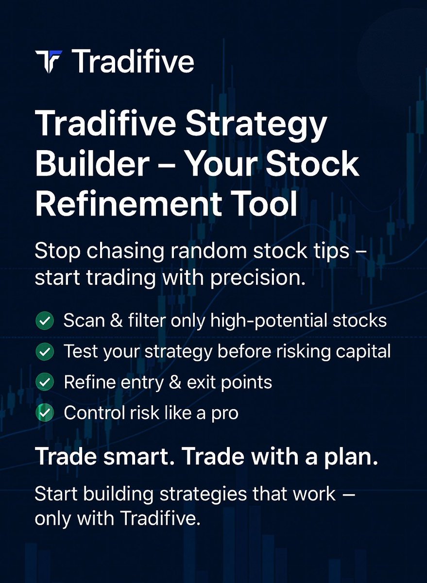 tradifive's tweet image. 🚀 Stop guessing,Start refining
Tradifive’s AI Strategy Builder helps you:
✅ Scan high-potential stocks
✅ Backtest your ideas
✅ Control risk like a pro

📊 Trade with precision → Trade with confidence.
[tradifive.com ]

#Tradifive #StrategyBuilder #SmartTrading