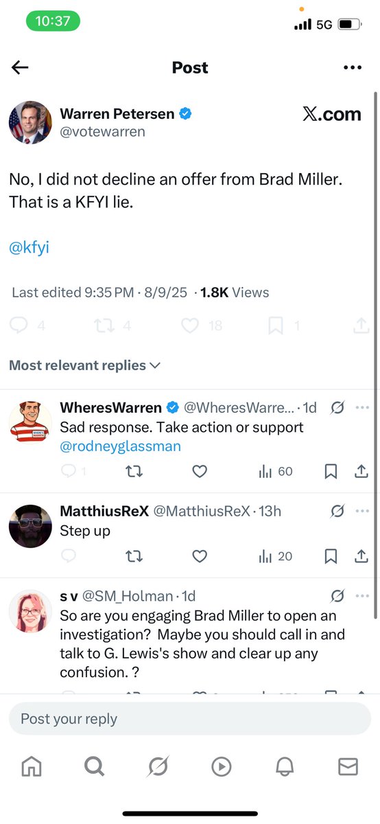 Garret Lewis (@garretlewis) on Twitter photo Why is <a href="/votewarren/">Warren Petersen</a> allergic to the truth? Is Brad the special prosecutor? No. Why? Warren said no. I just want Warren to do his job well. Mayes is a terrible commie but Warren makes it extremely difficult to trust him. Why wouldn’t Warren want his opponent, Mayes, investigated? Why is <a href="/votewarren/">Warren Petersen</a> allergic to the truth? Is Brad the special prosecutor? No. Why? Warren said no. I just want Warren to do his job well. Mayes is a terrible commie but Warren makes it extremely difficult to trust him. Why wouldn’t Warren want his opponent, Mayes, investigated?