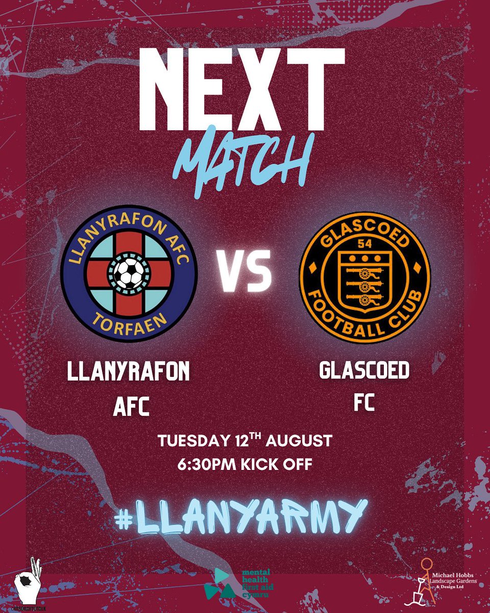 Tomorrow we face Glascoed at our home pitch Afon Park for a 6:30pm KO💙❤️

Following our game on Saturday vs Cwmbran Celtic, a post will be released after tomorrows game with the results of both games💪

Up the llany❤️💙