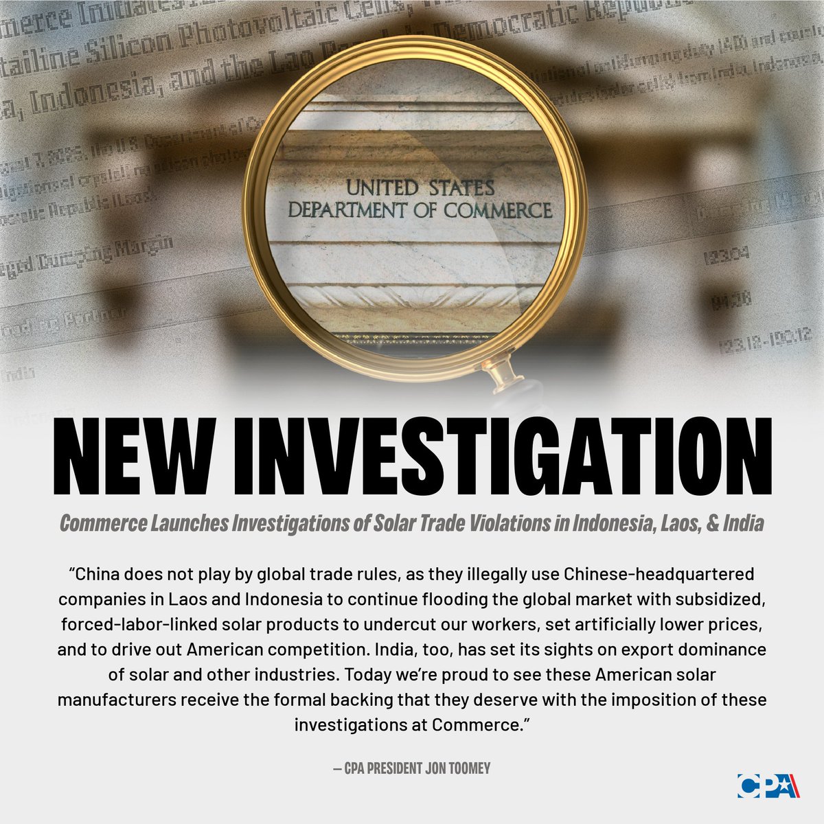 NEW: Following a preliminary review of alleged unfair trade practices by Chinese-controlled companies operating in Indonesia, Laos, and India, <a href="/CommerceGov/">U.S. Commerce Dept.</a> launches investigations into dumping and illegal subsidies on solar modules.

This is a win for American solar