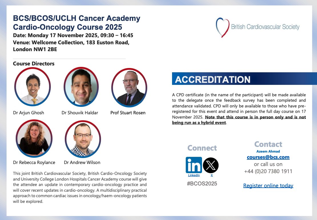 BOPACommittee's tweet photo. Join us for the BCS/BCOS/UCLH Cancer Academy Cardio-Oncology Course 2025 🗓 17 November 2025 at the Wellcome Collection, London!  

🔗 Register now: https://t.co/44xr0aGw5c

@BritishCardioSo https://t.co/a3K5GIhmoK