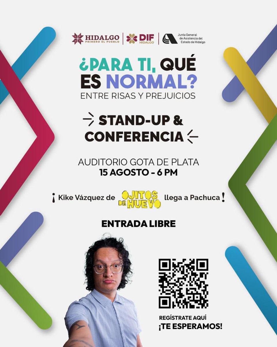 ¿Qué es "normal" para ti?
Descúbrelo con el humor de Kike Vázquez, de Ojitos de Huevo.
No te pierdas este 15 de agosto a las 6 p.m. el stand-up &amp; conferencia "Entre Risas y Prejuicios" en el Auditorio Gota de Plata.
¡Entrada libre! Regístrate con el código QR y #TeEsperamos.
