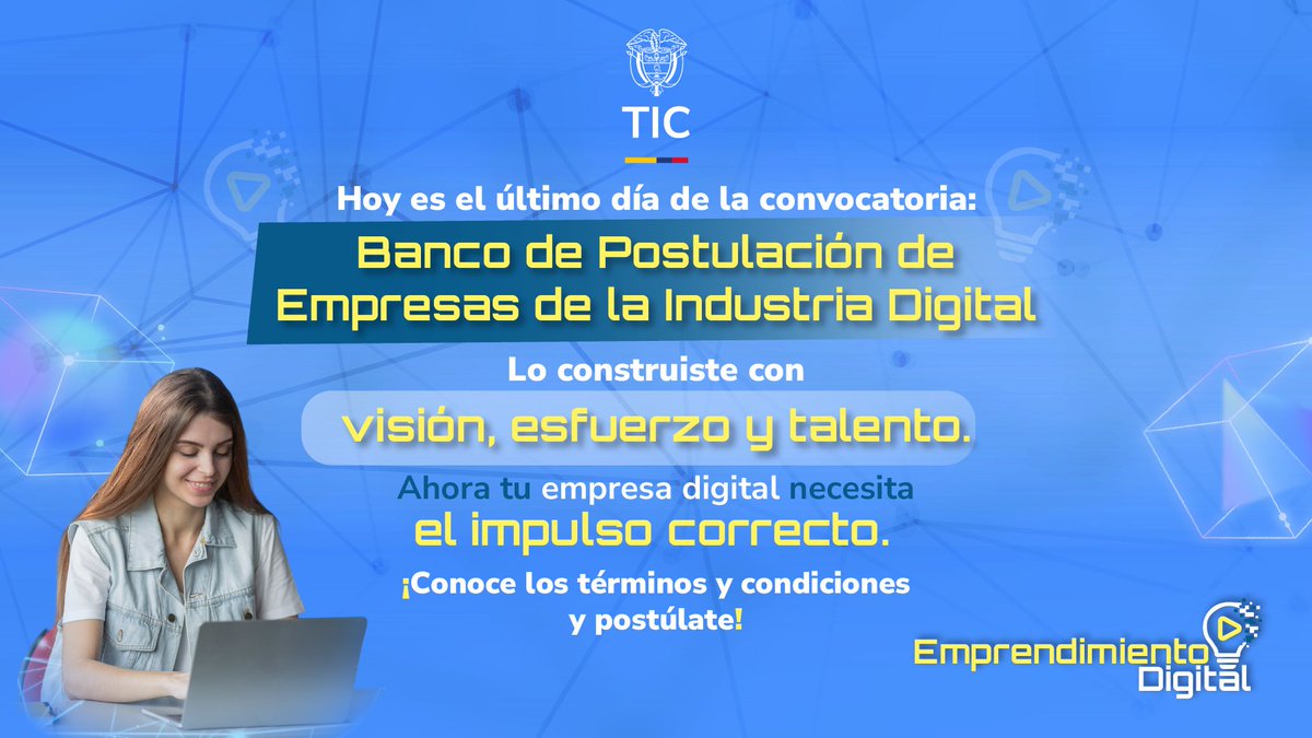 William A. Sánchez Martínez (@wilasanchezm) on Twitter photo Última llamada para que tu negocio digital crezca con el respaldo del <a href="/Ministerio_TIC/">Ministerio TIC</a>.
Hoy cierra la convocatoria para el banco de empresas que están transformando el país.
Consulta los requisitos y postúlate aquí: 👉 mintic.gov.co/portal/inicio/… Última llamada para que tu negocio digital crezca con el respaldo del <a href="/Ministerio_TIC/">Ministerio TIC</a>.
Hoy cierra la convocatoria para el banco de empresas que están transformando el país.
Consulta los requisitos y postúlate aquí: 👉 mintic.gov.co/portal/inicio/…