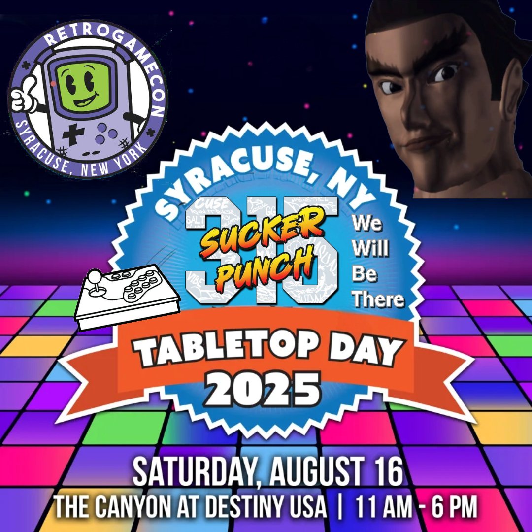 This Saturday, Aug 16 — we’re at Tabletop Day with <a href="/RetroGameCon/">RetroGameCon</a> at Destiny Mall USA (Canyon Area)! 🎲♟️
Board games, a few video games… and yes, we’re bringing the fighting games! 🥊🎮
Come hang out all day in the free-play area! #SyracuseNY #Free #cnygaming