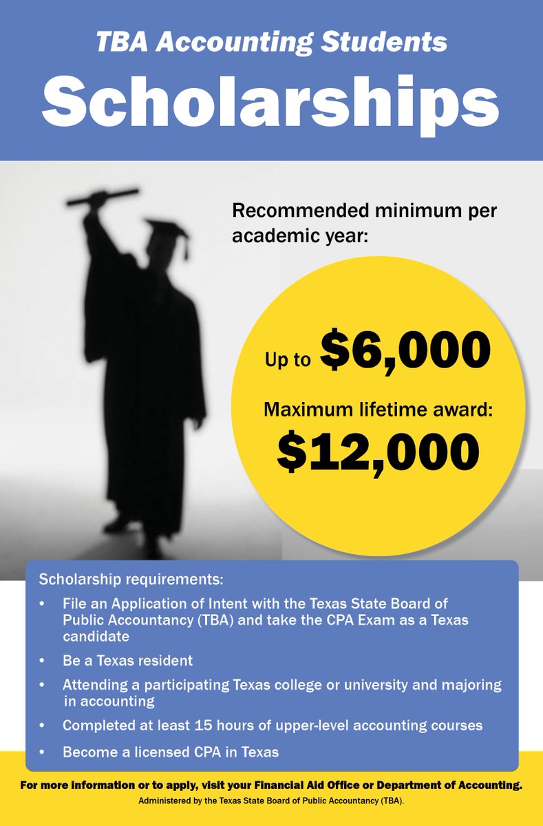 Our scholarship program helps accounting students attending participating Texas schools. More info: tsbpa.texas.gov/.../applicatio…... #accountingscholarships #CPAExam #accountingstudents