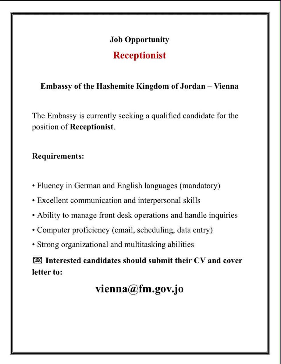 The Embassy is currently seeking a qualified candidate for the position of Receptionist