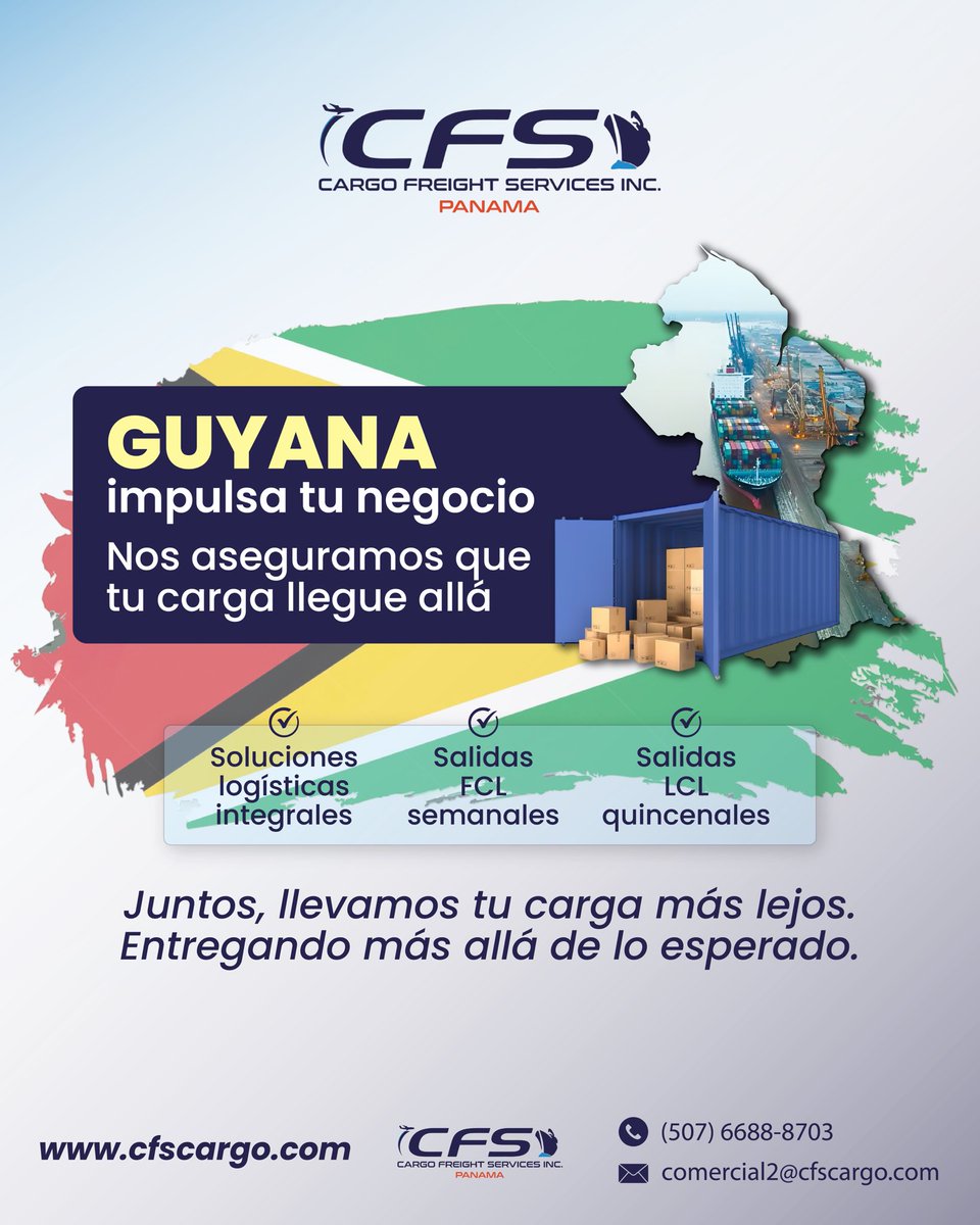 cfspanama's tweet photo. 🤝📦 We do not just move cargo. We drive your project forward.

From the warehouse to the final destination in Guyana, we plan and adapt every stage to your needs.
💡 Efficiency that turns into optimization and growth for your business.

Contact us:
📩 comercial2@cfscargo.com https://t.co/OR3Hk8qotq