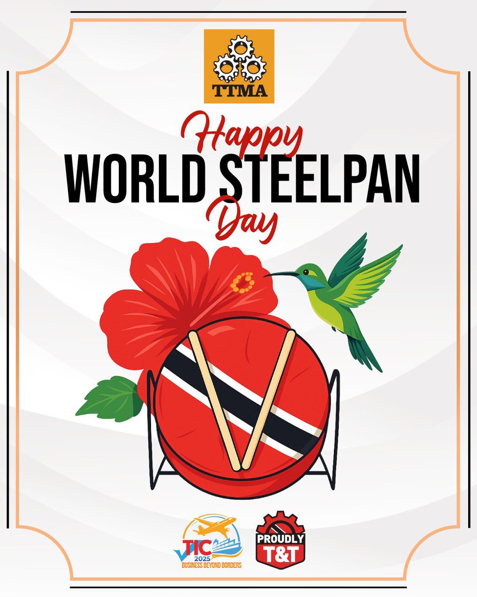 TTMA1's tweet photo. 🇹🇹 Happy World Steelpan Day! Today, we proudly celebrate the ingenuity and cultural brilliance born right here in Trinidad and Tobago—the steelpan, the only acoustic musical instrument invented in the 20th century.
#WorldSteelpanDay #TTMA #TrinidadAndTobago #SteelpanPride https://t.co/hXWSiefQ0e