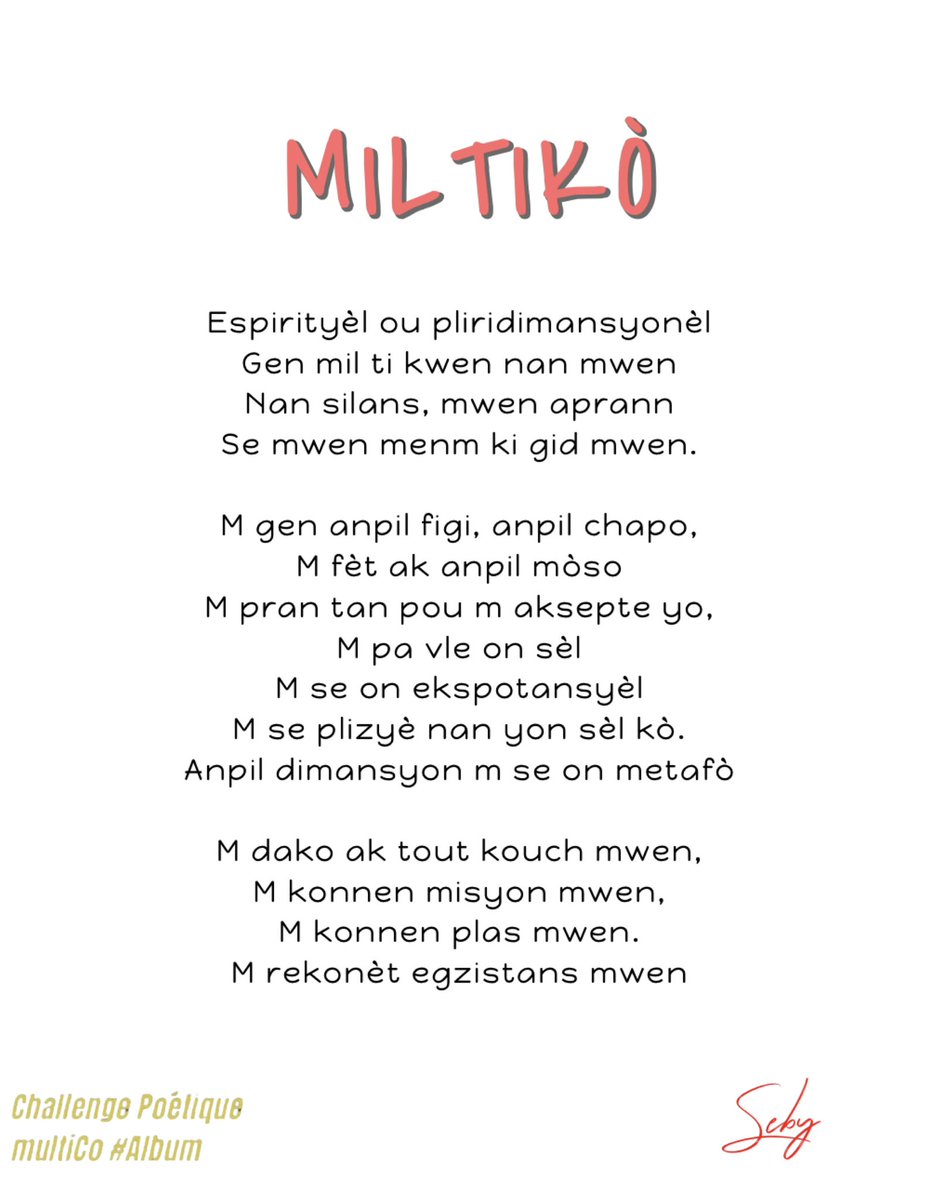 ti_kabrit's tweet photo. X-MULTICO 

@mcollinx17 #multico

Espirityèl ou pliridimansyonèl
Gen mil ti kwen nan mwen
Nan silans, mwen aprann
Se mwen menm ki gid mwen.

M gen anpil figi, anpil chapo,
M fèt ak anpil mòso
M pran tan pou m aksepte yo

https://t.co/FGK3K9aeMO https://t.co/K9BpIQRNUV