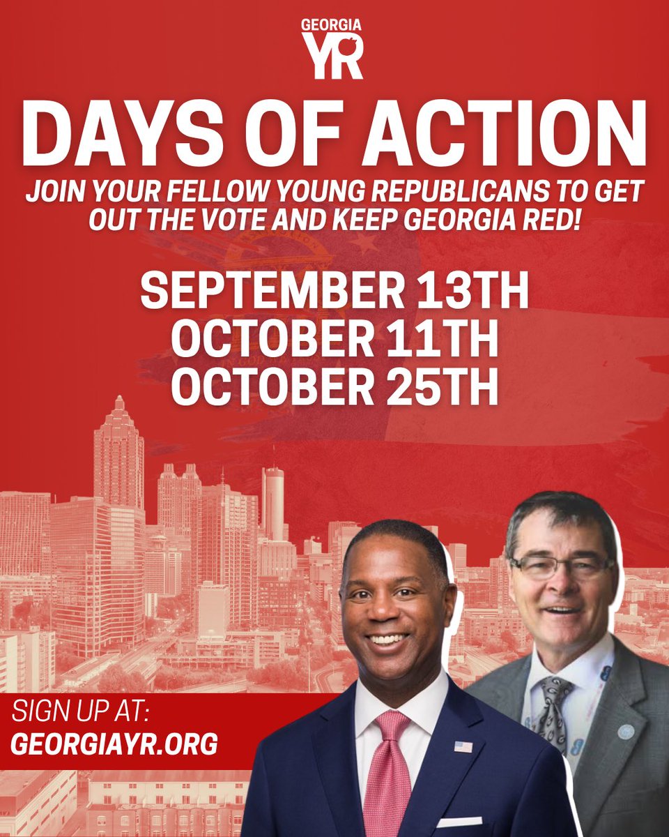 Georgia Young Republicans (@georgiayr) on Twitter photo š”MARK YOUR CALENDARS:
Join your fellow Young Republicans to Get Out the Vote for our PSC candidates šŗšø
Itās time to put boots on the ground to elect <a href="/timechols/">Tim Echols</a> and <a href="/FriendsForFitz/">Fitz Johnson</a> this November!
RSVP & #GOTVš: forms.gle/nCk2qmuFgK6vWt⦠š”MARK YOUR CALENDARS:
Join your fellow Young Republicans to Get Out the Vote for our PSC candidates šŗšø
Itās time to put boots on the ground to elect <a href="/timechols/">Tim Echols</a> and <a href="/FriendsForFitz/">Fitz Johnson</a> this November!
RSVP & #GOTVš: forms.gle/nCk2qmuFgK6vWtā¦