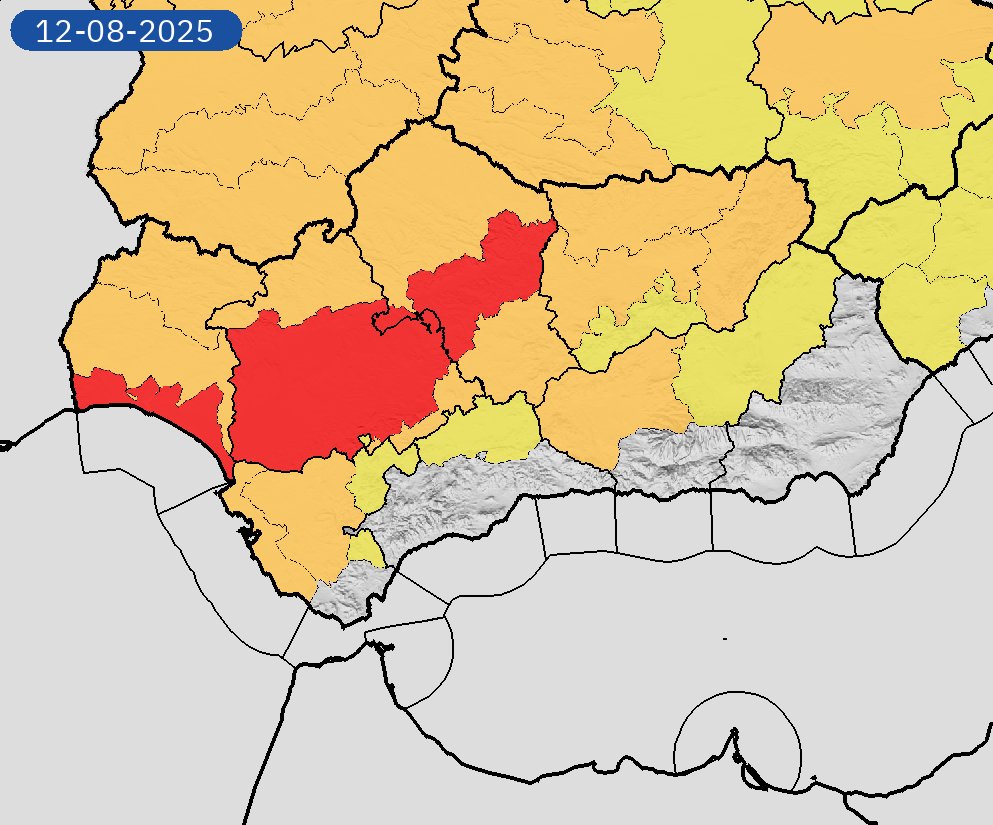 Meteohuelva's tweet photo. ¡Última hora!

Aemet acaba de emitir AVISO ROJO de riesgo extremo para mañana en el litoral de la provincia de Huelva por temperaturas de más de 42 °C.

El aviso rojo se activará a las 13:00 h. y estará vigente hasta las 21:00 h.

Mucha precaución, por favor. https://t.co/KeXQ1Xt4p1