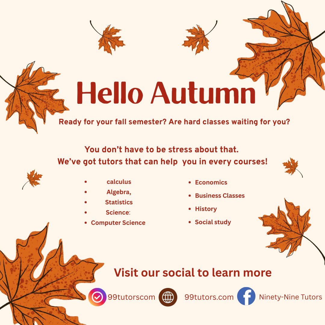 As the leaves change, so can your approach to studying! 🍁 This fall, let us help you tackle those tricky subjects, build stronger study habits, and boost your confidence. With personalized tutoring from 99Tutors, you’ll be prepared to excel this semester! ✨

call: 979-255-3655