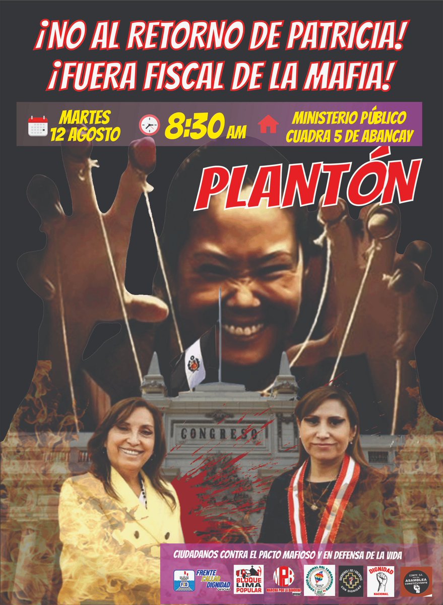 LiaValderrama's tweet photo. #Plantón ¡NO AL RETORNO DE #PatriciaBenavides!
¡Fuera fiscal de la mafia! #AliasVane #PactoMafioso
🗓 Martes 12 de #Agosto 🏘 Ministerio Público (cuadra 5 de Abancay) 🕞 8:30 am
¡No te resignes! ¡Nos vemos en la #Fiscalia! https://t.co/Sa1HdZS0ne