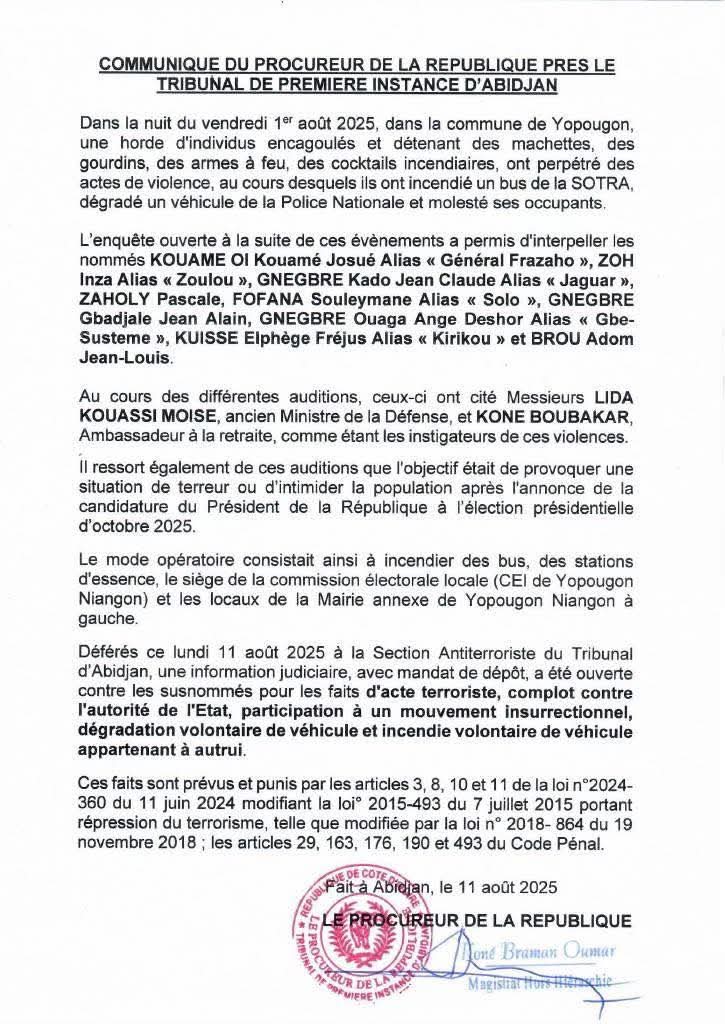 KassimDoumbia13's tweet photo. #Abidjan🇨🇮 | 11 août 2025
Affaire nuit du 1er août 2025 :
🔹 Vandalisme
🔹 Actes terroristes
🔹 Complot contre l’État
🔹 Mouvement insurrectionnel

⚖️ Le #ParquetdAbidjan agit pour protéger l’ordre républicain.

#JusticeCI #SécuritéNationale #OrdreRépublicain #CIV225 https://t.co/ZMREijw6jF