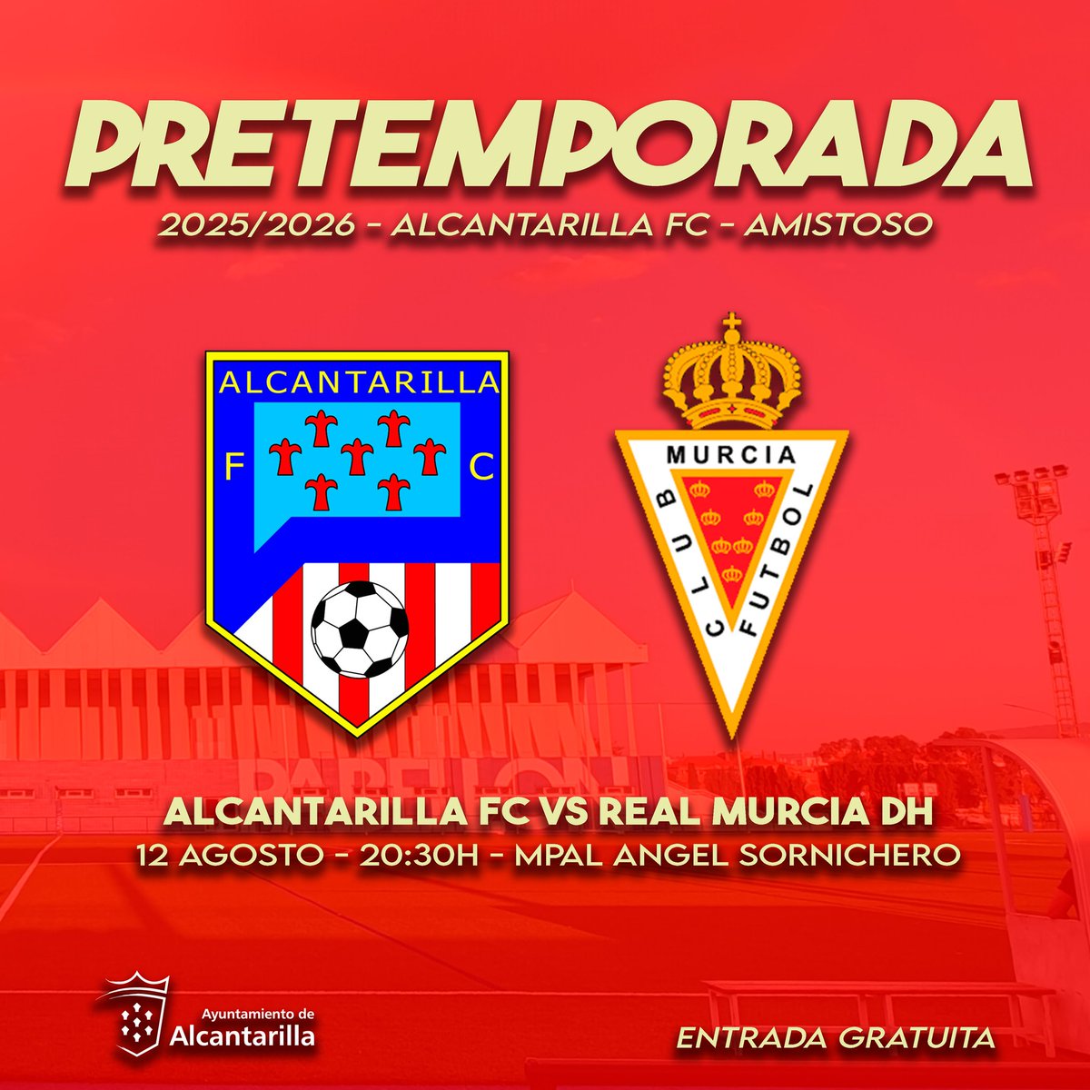 Alcantarilla FC (@alcantarillafc) on Twitter photo ⚽ 𝗣𝗥𝗘𝗧𝗘𝗠𝗣𝗢𝗥𝗔𝗗𝗔
🏟️ Finalmente se jugará en el Mpal. Ángel Sornichero
🆚 <a href="/canteragrana/">Cantera Grana</a>
📅 Martes 12 de Agosto
⏰ 20:30 horas
❤️🤍
#volverasoñar ⚽ 𝗣𝗥𝗘𝗧𝗘𝗠𝗣𝗢𝗥𝗔𝗗𝗔
🏟️ Finalmente se jugará en el Mpal. Ángel Sornichero
🆚 <a href="/canteragrana/">Cantera Grana</a>
📅 Martes 12 de Agosto
⏰ 20:30 horas
❤️🤍
#volverasoñar