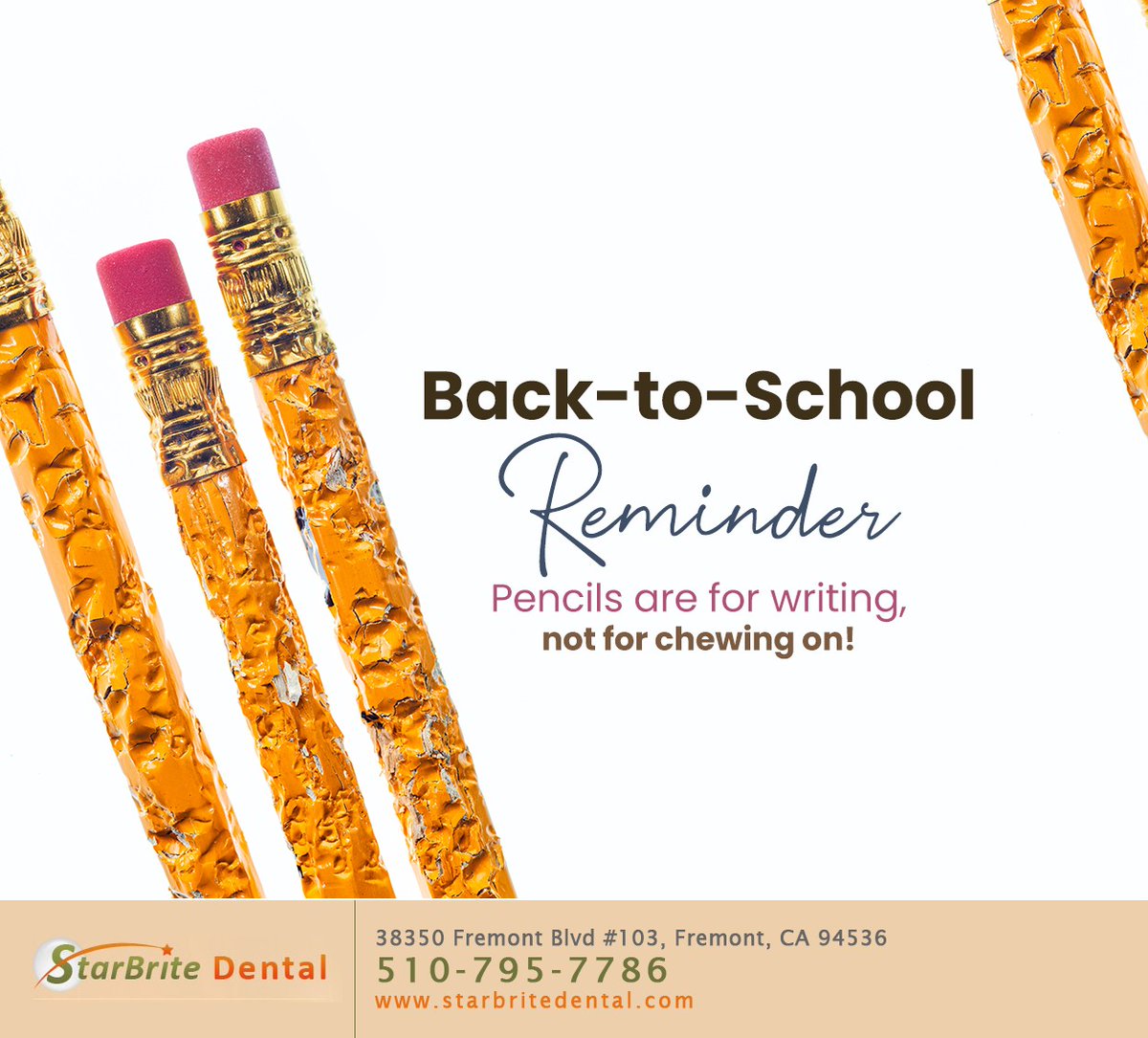 Chewing on pencils is a habit that can damage your teeth. Keep your mouth busy with sugarless gum if you feel the need to chew on something. #backtoschool #oralhealth #fremont #CA #starbritedental