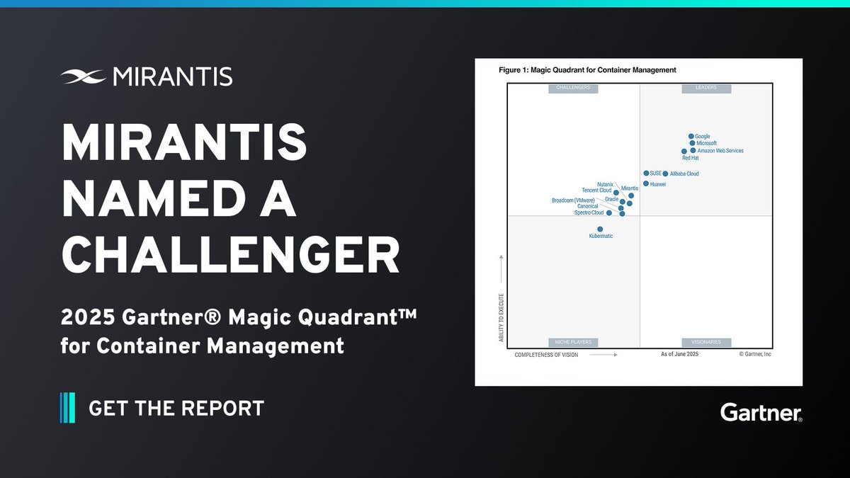 MirantisIT's tweet photo. We're excited to announce Mirantis as a Challenger in the 2025 Gartner® Magic Quadrant™ for Container Management! 

We feel it is a testament to our commitment to delivering open source, vendor-neutral, enterprise-grade container solutions. 

In the recent Gartner® report, you can discover how we were recognized as a Challenger. Get it now to plan your future strategies and embrace vendor neutrality! https://t.co/EjRHp9j5gk