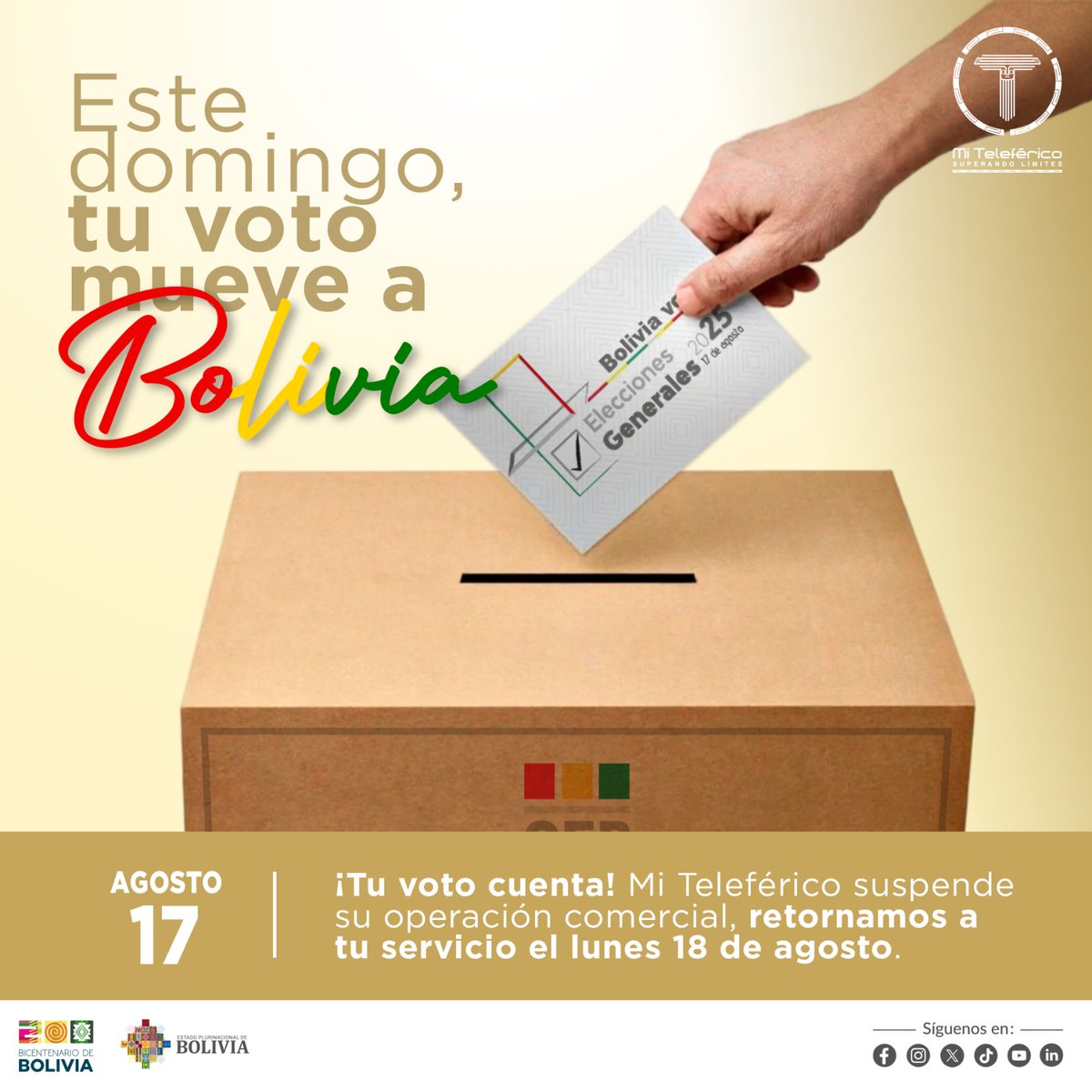 ¡Atención! ⚠️Este domingo 17 de agosto, suspendemos nuestros servicios.

📅 Retornamos el lunes 18 de agosto.

Acude a las urnas a ejercer tu derecho y deber ciudadano.
¡Tu voz y tu voto cuentan!

#SuspendemosOperaciones 
#TuVotoCuenta 
#MiTeleferico