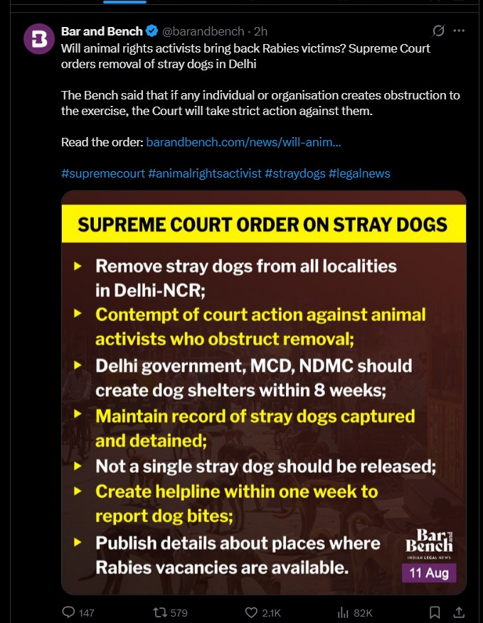 दिल्ली-NCR में आवारा कुत्तों के आतंक का अंत होगा!
राजधानी क्षेत्र को वर्षों से जिस राहत की उम्मीद थी, उसे सुप्रीम कोर्ट ने पूरी कर दी है. उम्मीद करें कि सोसाइटियों में बच्चे अब बिना किसी डर-भय के खेल सकेंगे, बुजुर्ग बेख़ौफ़ होकर वॉक कर सकेंगे.
#straydogs #SupremeCourt #DelhiNCR