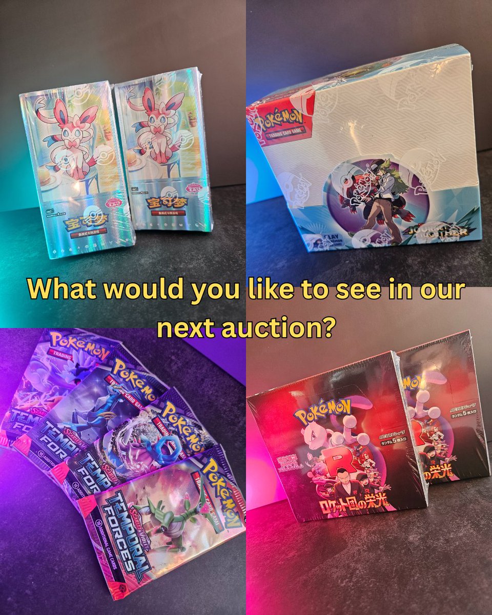Help Us Choose the Next Pack Break!"
“We’re letting YOU decide which pack we open in our next live auction!

Poll Options:
1️⃣ Temporal Forces
2️⃣ Team Rocket
3️⃣ Pokémon Gem
4️⃣ Journey Together
