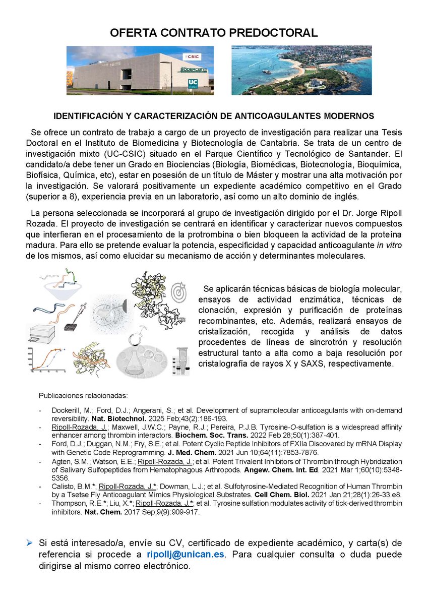 IBBTEC (@ibbtec) on Twitter photo ¿Quieres participar en el desarrollo de nuevos anticoagulantes sanguíneos cuya actividad sea reversible? Pues estás de suerte, porque <a href="/J_RipollRozada/">Jorge Ripoll-Rozada</a> oferta un contrato predoctoral en <a href="/IBBTEC/">IBBTEC</a> <a href="/unican/">Universidad de Cantabria</a> <a href="/CSIC/">CSIC</a>. Enviad las solicitudes a ripollj@unican.es
Se agradece el RT. ¿Quieres participar en el desarrollo de nuevos anticoagulantes sanguíneos cuya actividad sea reversible? Pues estás de suerte, porque <a href="/J_RipollRozada/">Jorge Ripoll-Rozada</a> oferta un contrato predoctoral en <a href="/IBBTEC/">IBBTEC</a> <a href="/unican/">Universidad de Cantabria</a> <a href="/CSIC/">CSIC</a>. Enviad las solicitudes a ripollj@unican.es
Se agradece el RT.