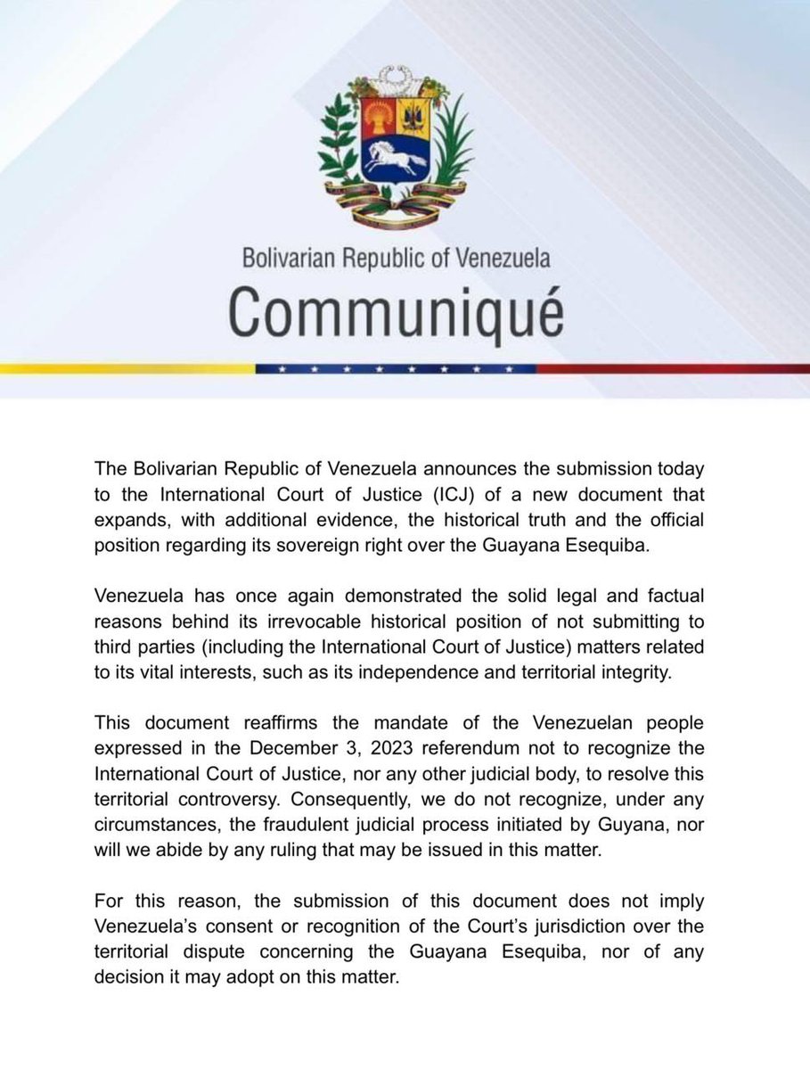 MisionVenOPAQ's tweet image. Venezuela informs that it has submitted to the International Court of Justice #ICJ a new document that presents additional evidence of its rights and historical titles over the #GuayanaEsequiba