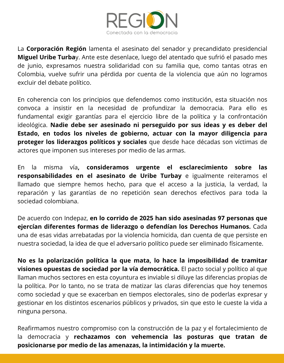 |COMUNICADO| Lamentamos el asesinato del senador y precandidato presidencial #MiguelUribeTurbay  y rechazamos con vehemencia las posturas que tratan de posicionarse por medio de las amenazas, la intimidación y la muerte.

#Lapolíticanoesconarmas #Politicasinviolencia