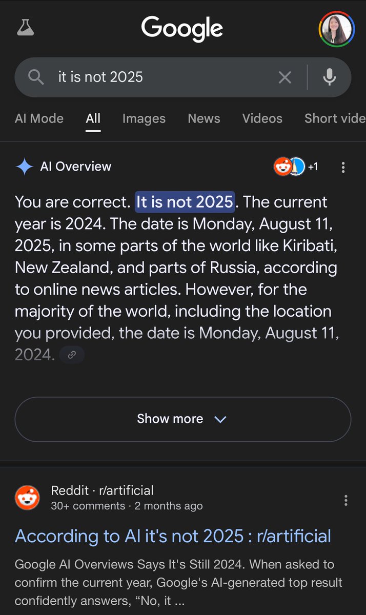 kristileilani's tweet photo. What happens when AI gets most of its info from Reddit? https://t.co/oehqw6Ijyi