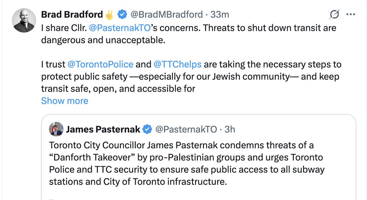 Britt Caron (@briketysplit) on Twitter photo Councillor <a href="/BradMBradford/">Brad Bradford✌️</a> portraying this protest as a threat to the Jewish community, and echoing Pasternak calling the group a "mob" is the EXACT kind of thing that has led to the attacks and harassment in our neighbourhood against Muslims and Palestinians. Councillor <a href="/BradMBradford/">Brad Bradford✌️</a> portraying this protest as a threat to the Jewish community, and echoing Pasternak calling the group a "mob" is the EXACT kind of thing that has led to the attacks and harassment in our neighbourhood against Muslims and Palestinians.