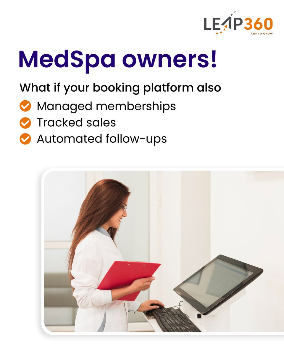 Leap360CRM's tweet image. Medspa owners - LEAP360 isnโt just for bookings.
โ
Manage memberships
โ
Track sales
โ
Automate follow-ups
One platform to simplify, grow & retain clients. Book demo - leap360.com/demo
#medspamarketing #medspasoftware #marketingautomation #membershipmanagement #LEAP360