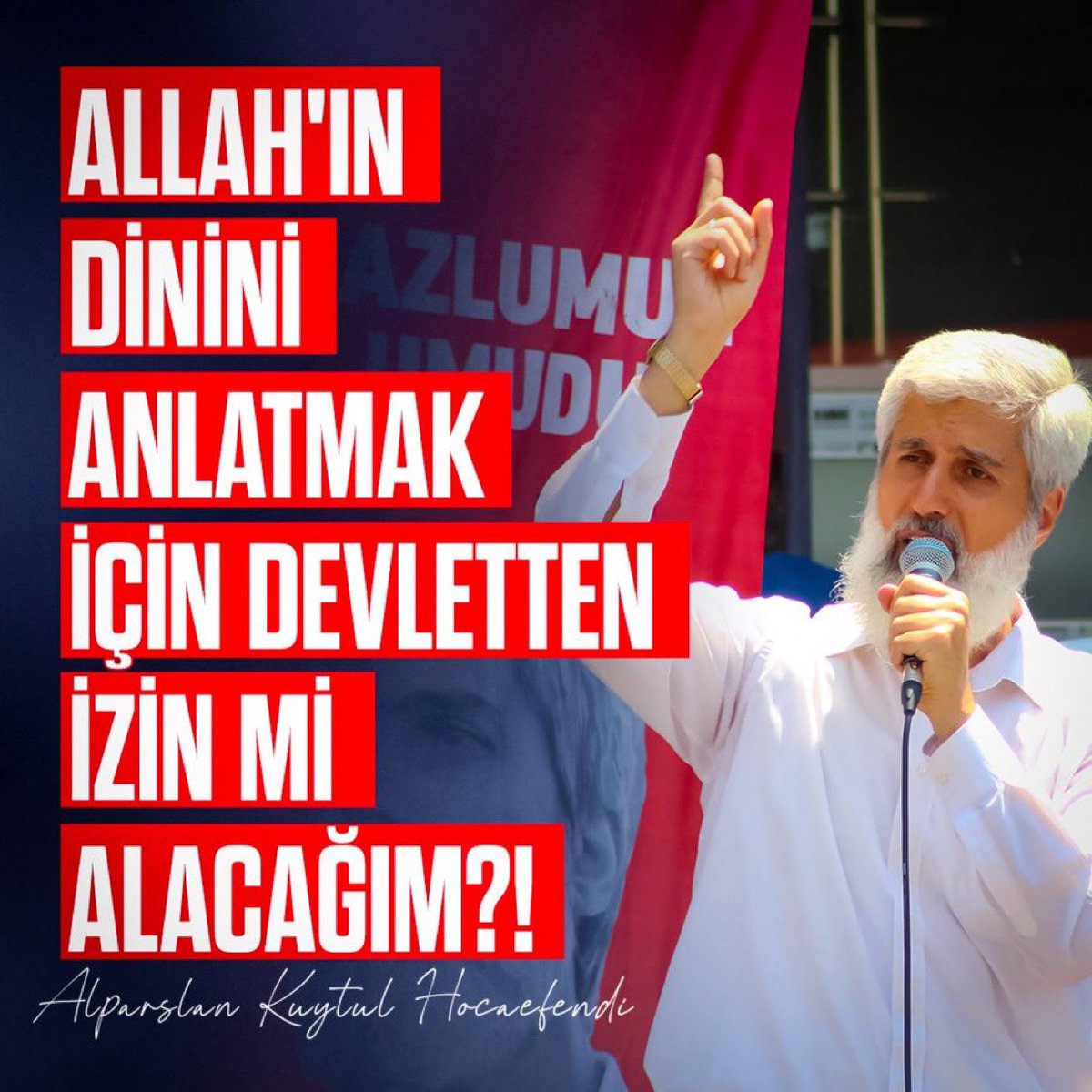 “Allah’ın dinini anlatmak için devletten  izin mi alacağım?!”

|Alparslan Kuytul Hocaefendi|

Bu söz, sadece bir duruş değil; bir direniştir.

Derneklerimizi kapatmakla hocamızın sesini susturamazsınız!🗣️🗣️🗣️

Derneklerimizi Açın
#DiniSohbetSuçDeğildir