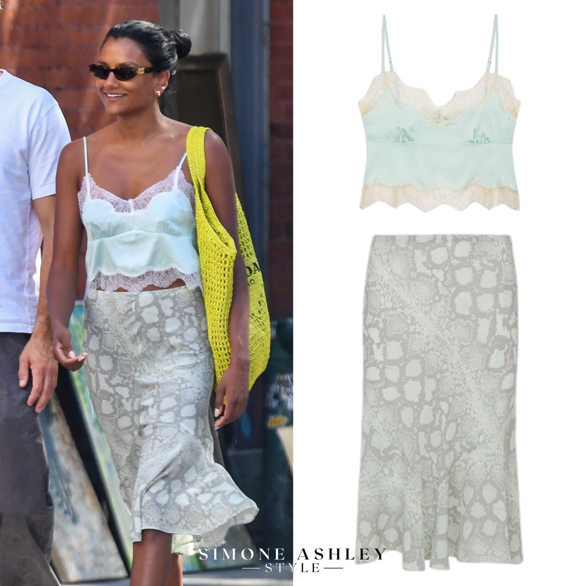 SimoneAshleySty's tweet photo. Simone Ashley wore a #FrankiesBikinis Snuggle Satin Camisole ($130/sold out) and a #RealisationPar The Carmen Skirt ($220) while out and about in NYC recently https://t.co/dFDwJye4i2